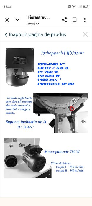HBS300 Scheppach Fierastrau cu banda / Banzic , putere motor 0.74 kW ,