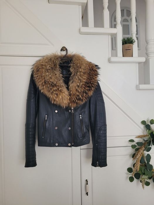 Geacă de piele cu guler detașabil