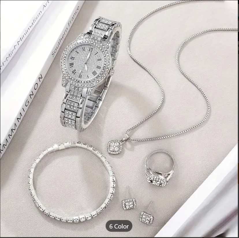 Луксозен кварцов часовник с кристали и комплект бижута.