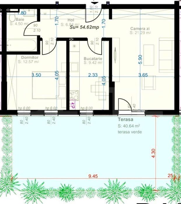 Apartament cu 2 camere, decomandat, 54 mp utili, gradina de 40 mp, zon