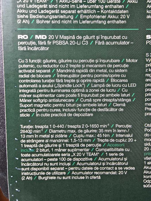 Parkside PSBSA 20-Li C3 20 V, percutie, sigilat, garantie