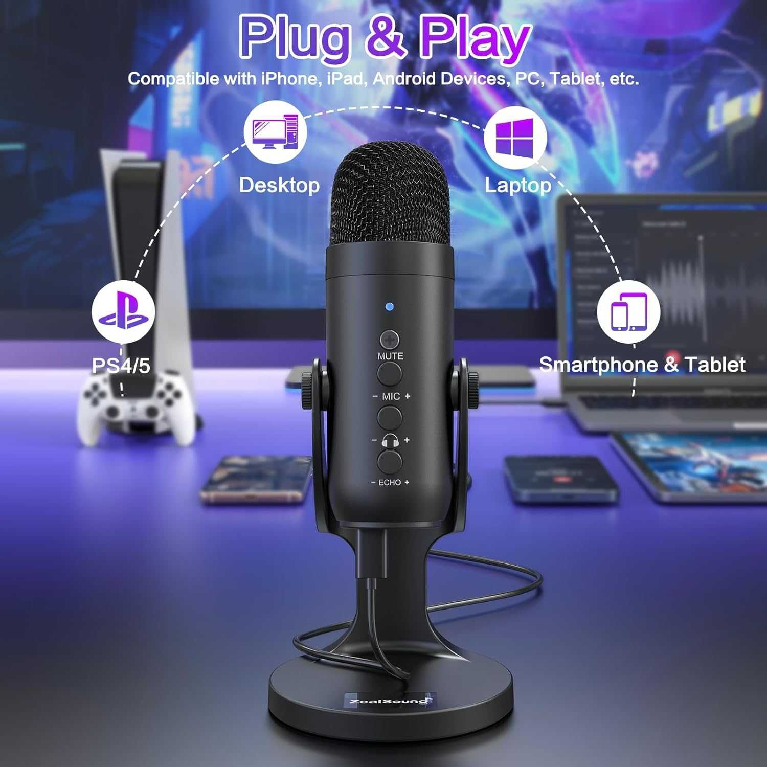 Plug&Play геймърски микрофон за PS 4 и 5. с изход за слушалки