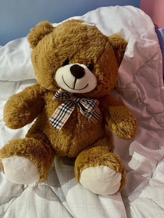 Ново плюшено мече с етикет и панделка