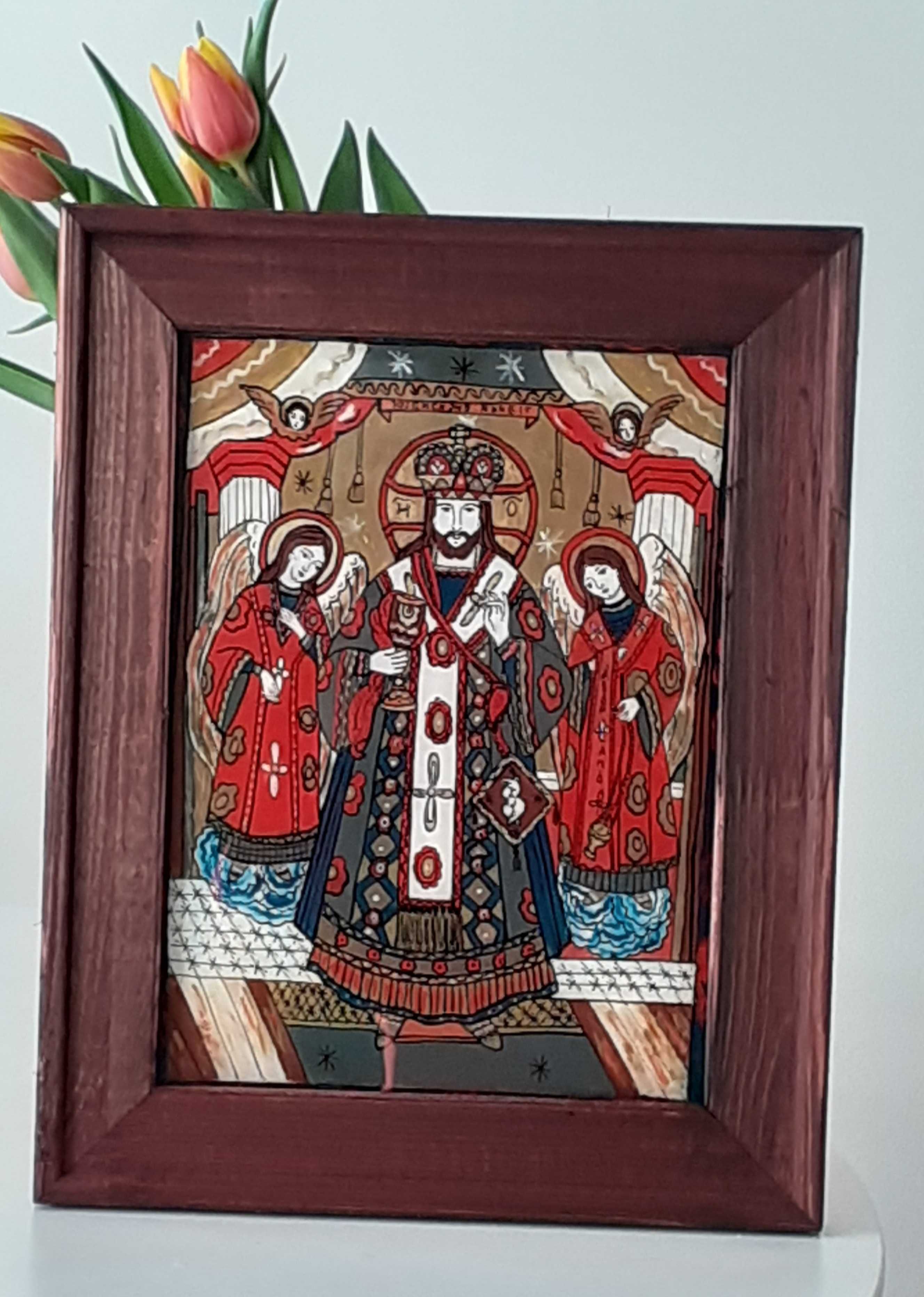 Icoană pictată pe sticlă-Iisus Hristos Împărat și Mare Arhiereu