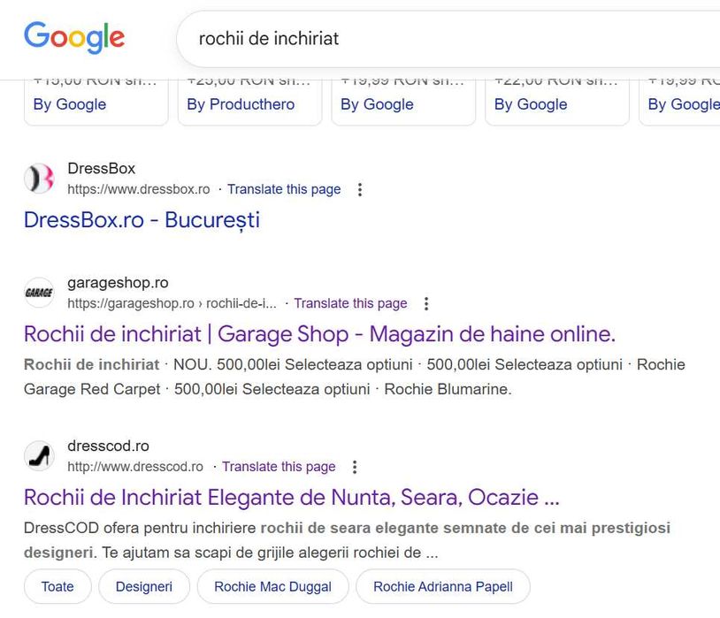 Vand pagina web si domeniu | primul loc organic | rochii de inchiriat