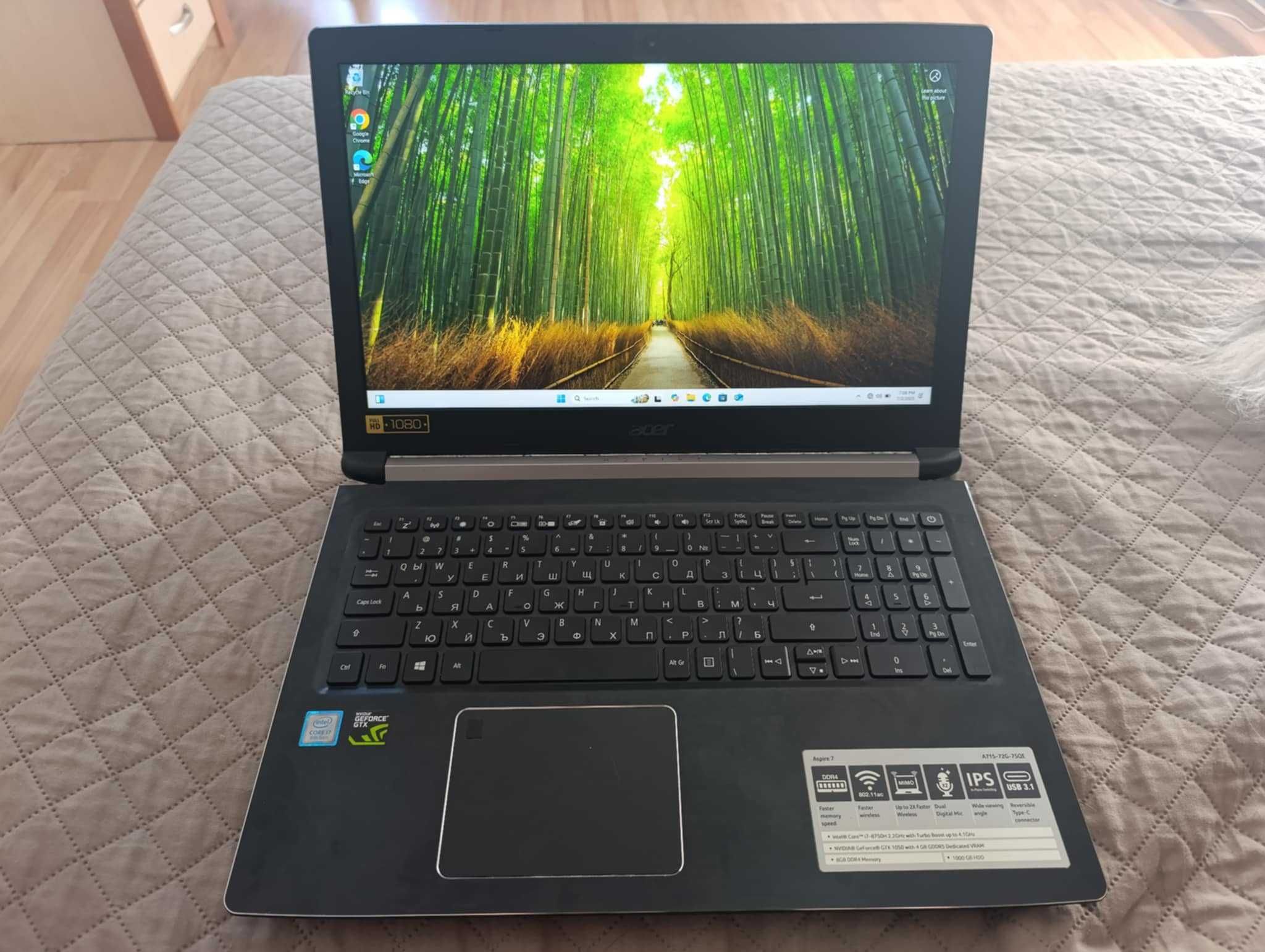 Лаптоп Acer Aspire Full HD 15.6'' Core i7-8750H/1TB/250GB/32GB/GTX1050