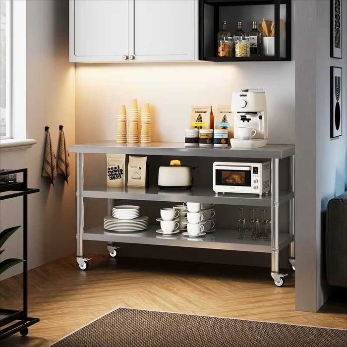 masa  de inox 2 polite pe roti 90x50x85 cm bucatarie interior exterior