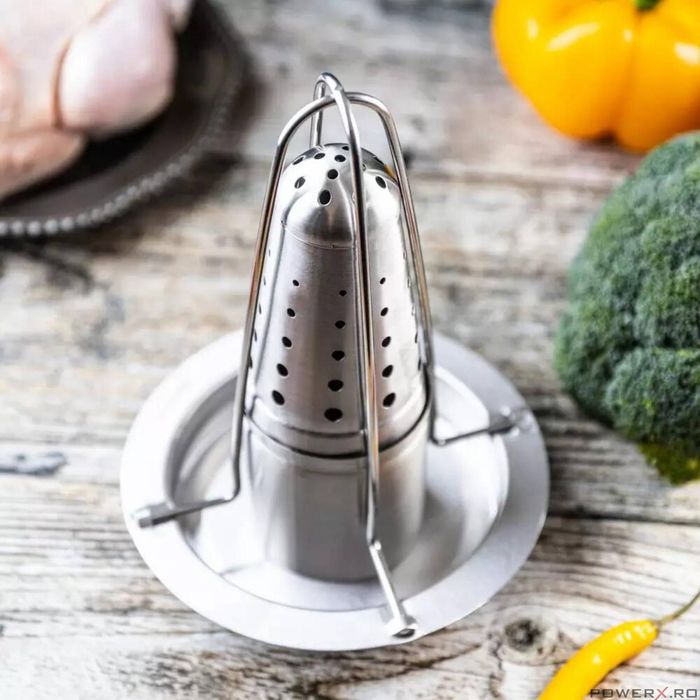 Suport vertical pentru gatit pui intreg la cuptor, cu recipient pentu