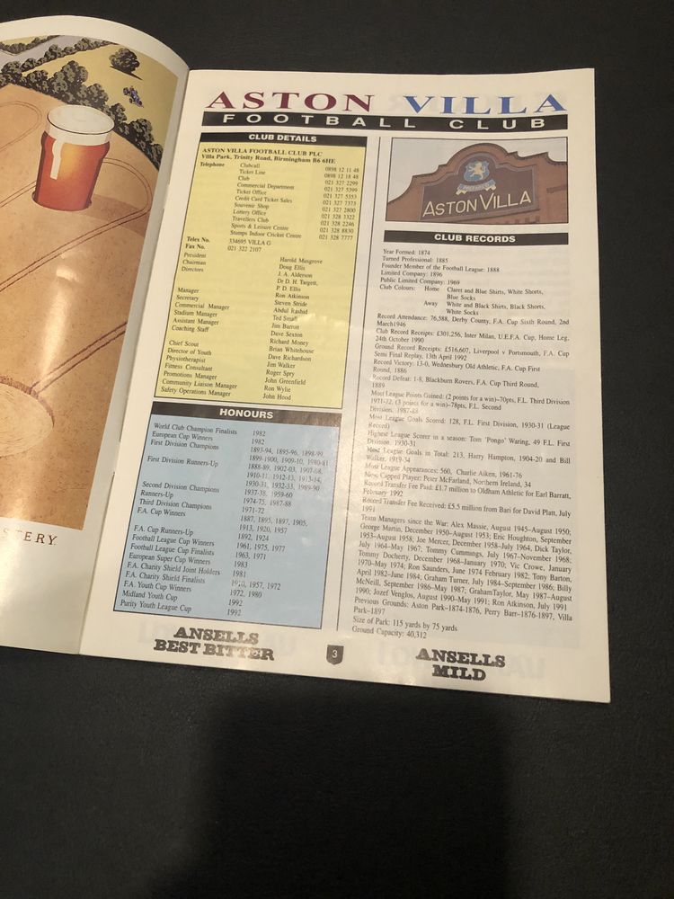 Годишна програма на Астън Вила, сезон ‘92-93.