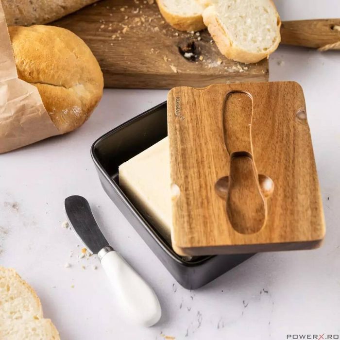 Cutie pentru unt din ceramica, untiera, neagra, cu capac din lemn de