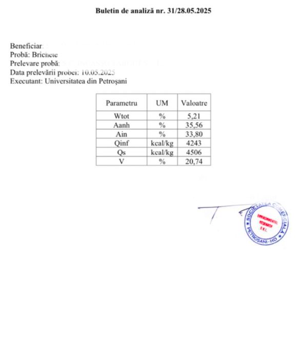 Brichete de vanzare 4500 kcal/kg 	5% umiditate dupa uscare