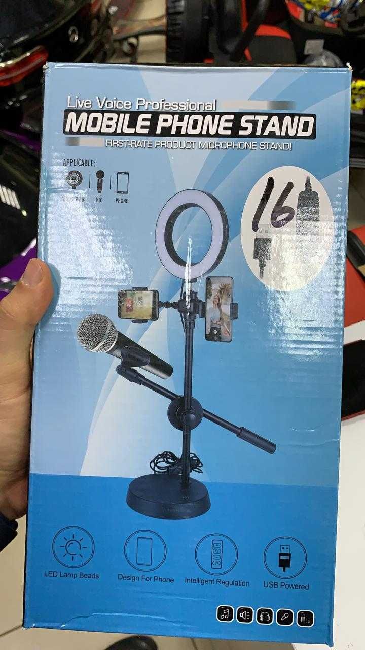 Селфи лампа кольцо 9 см со штативом для блогера с держателем микрофона