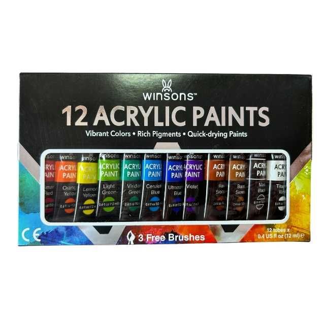 Set acuarele acrilice Premium KOMAZI®, 12 culori x 12 ml + 3 Pensule