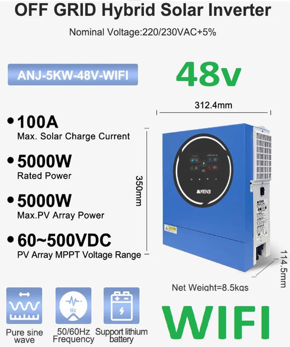 NOU Invertor solar hibrid-5Kw/10K-48v-OffGrid-Bms-Baterii-Lifepo4-Wifi