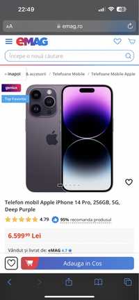 Iphone 14 pro purple 256gb full box folie si husa impecabil ca si nou