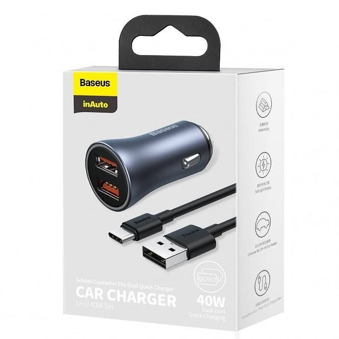 Зарядно за автомобил baseus 40w 2usb type c кабел