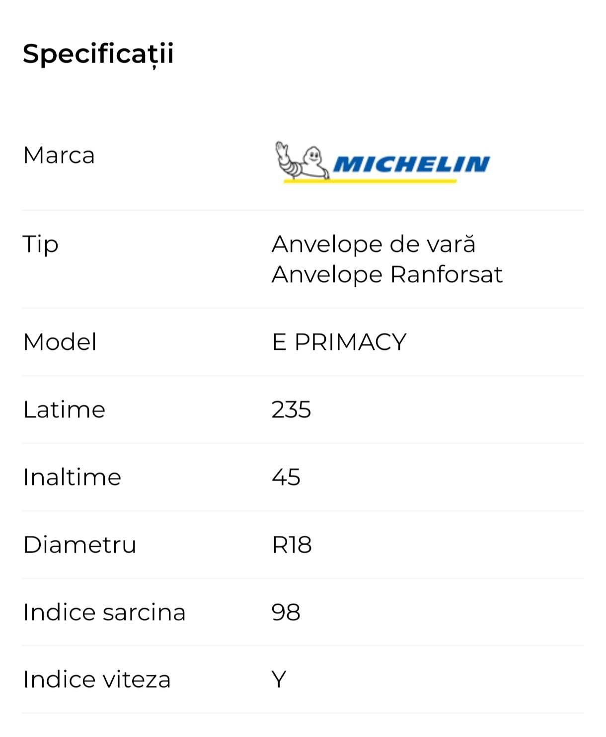 Vând anvelope Michelin e-Primacy 235/45/18 vara