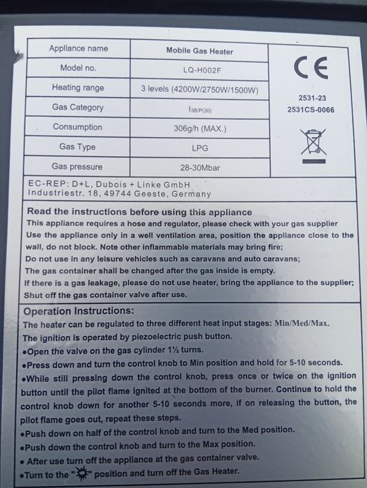Incalzitor pe gaz, 4.2 kW