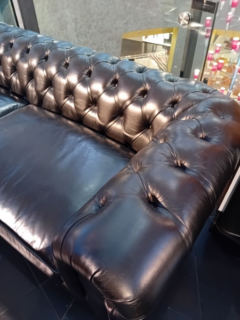 Canapea Chesterfield piele naturala lucioasa 2.4m