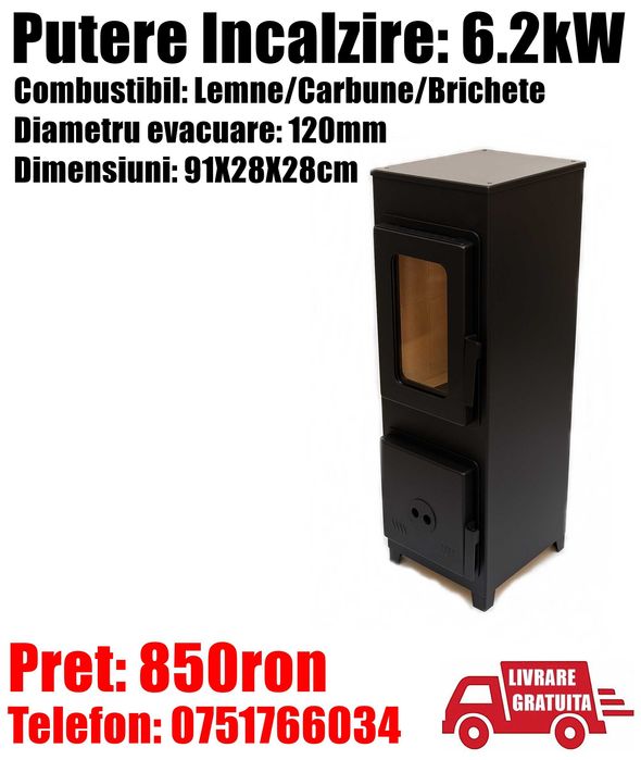 Semineu Incalzit Lemne Samotat Sticla Bucatarie Baie Camera 6.2kW TM