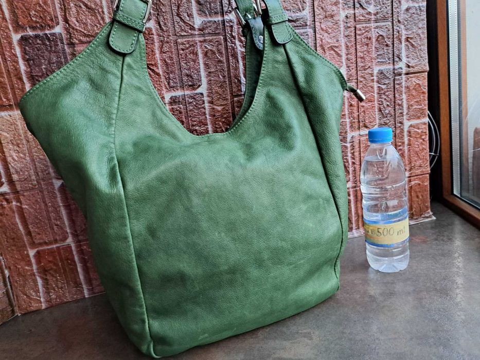 дамска чанта, голяма зелена торба-естествена кожа
