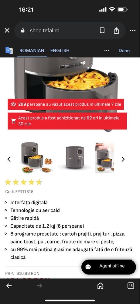 Friteuza cu aer cald Tefal capacitate 4.2L