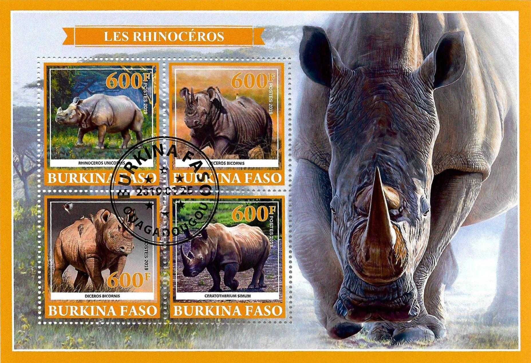 Super timbre colita stampilata Burkina Faso tema fauna animale RINOCER