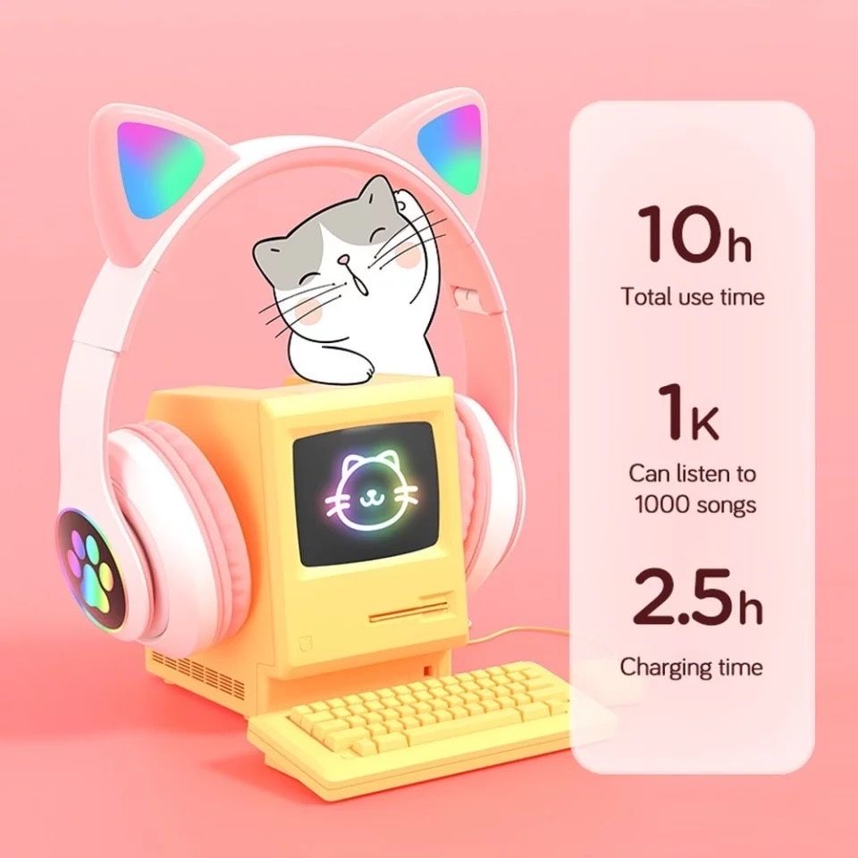 Слушалки коте /Безжични слушалки с котешки уши със LED и микрофон