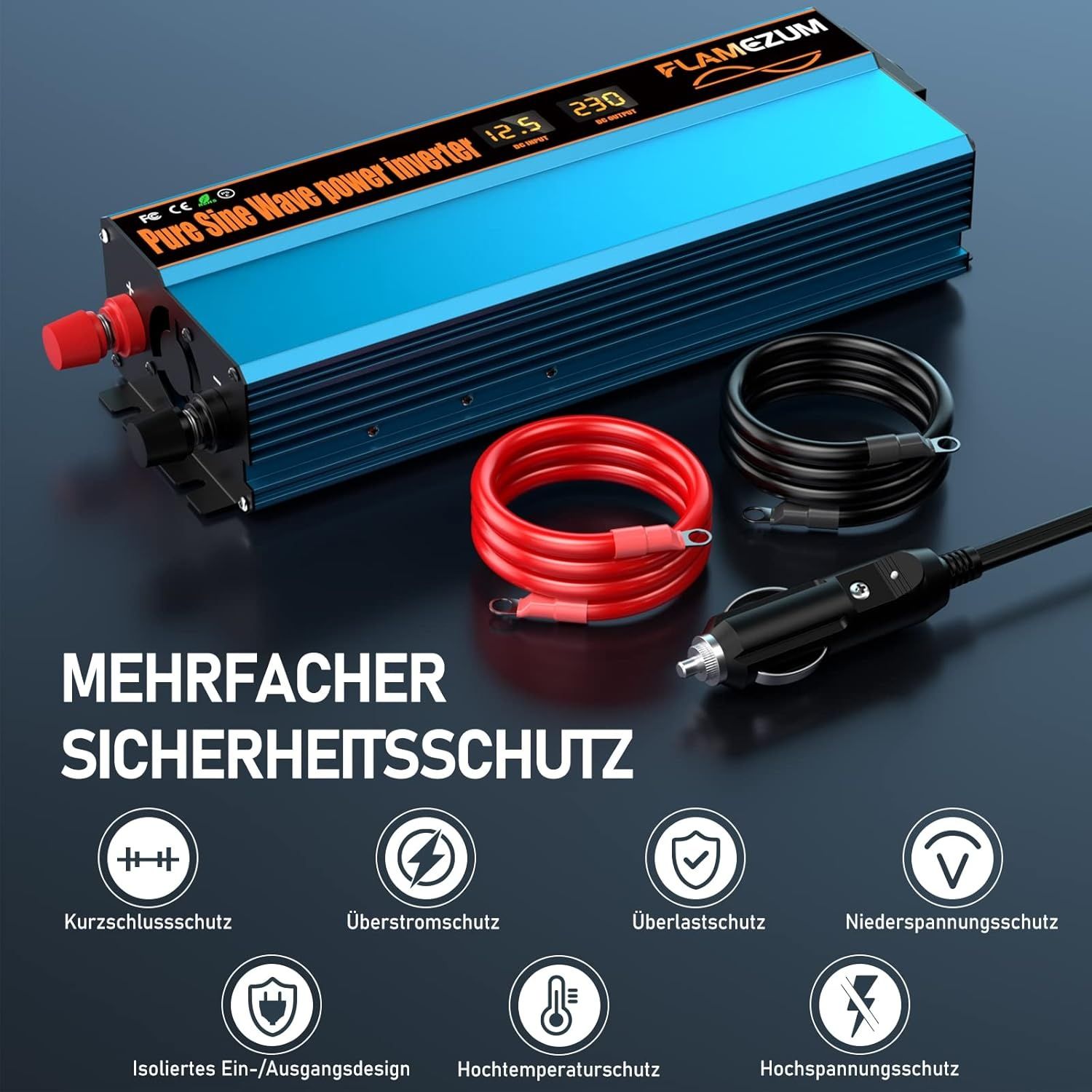 1000W инвертор с дисплей + адаптер за запалката + кабели + бушони