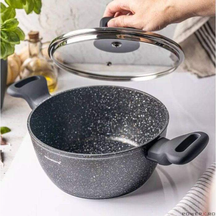 Oala cu capac, aluminiu turnat, marmorata, neagra, 20cm, 2.36l,