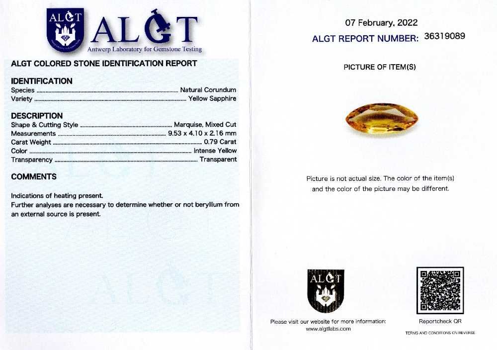 Safir galben 0,79 ct., marquise, certificare ALGT Antwerp(cod 8933)