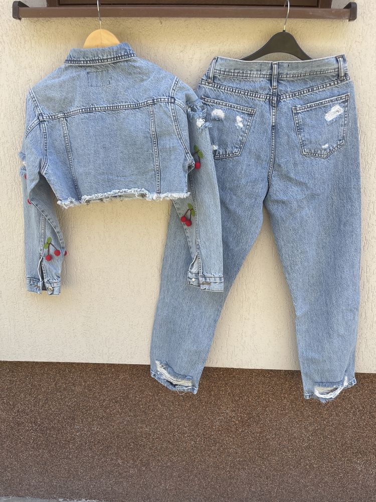 Set Denim - Jachetă scurtă + Blugi cu cireșe 3D