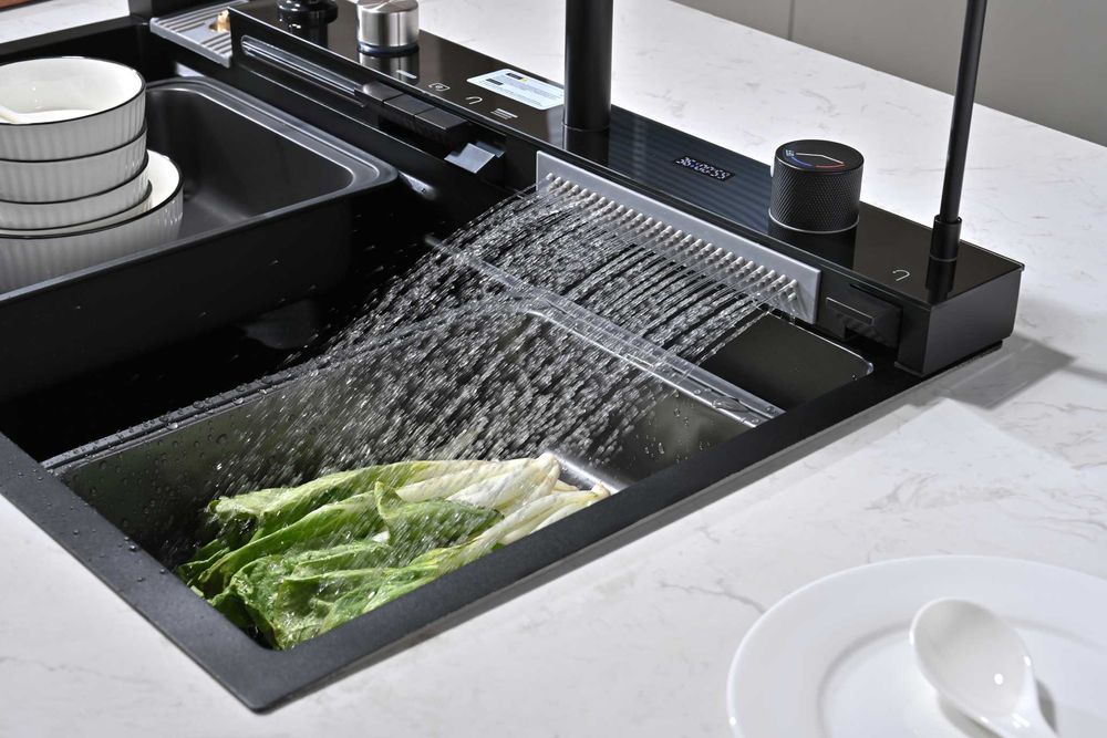 Черна мултифункционална кухненска мивка с двоен водопад
