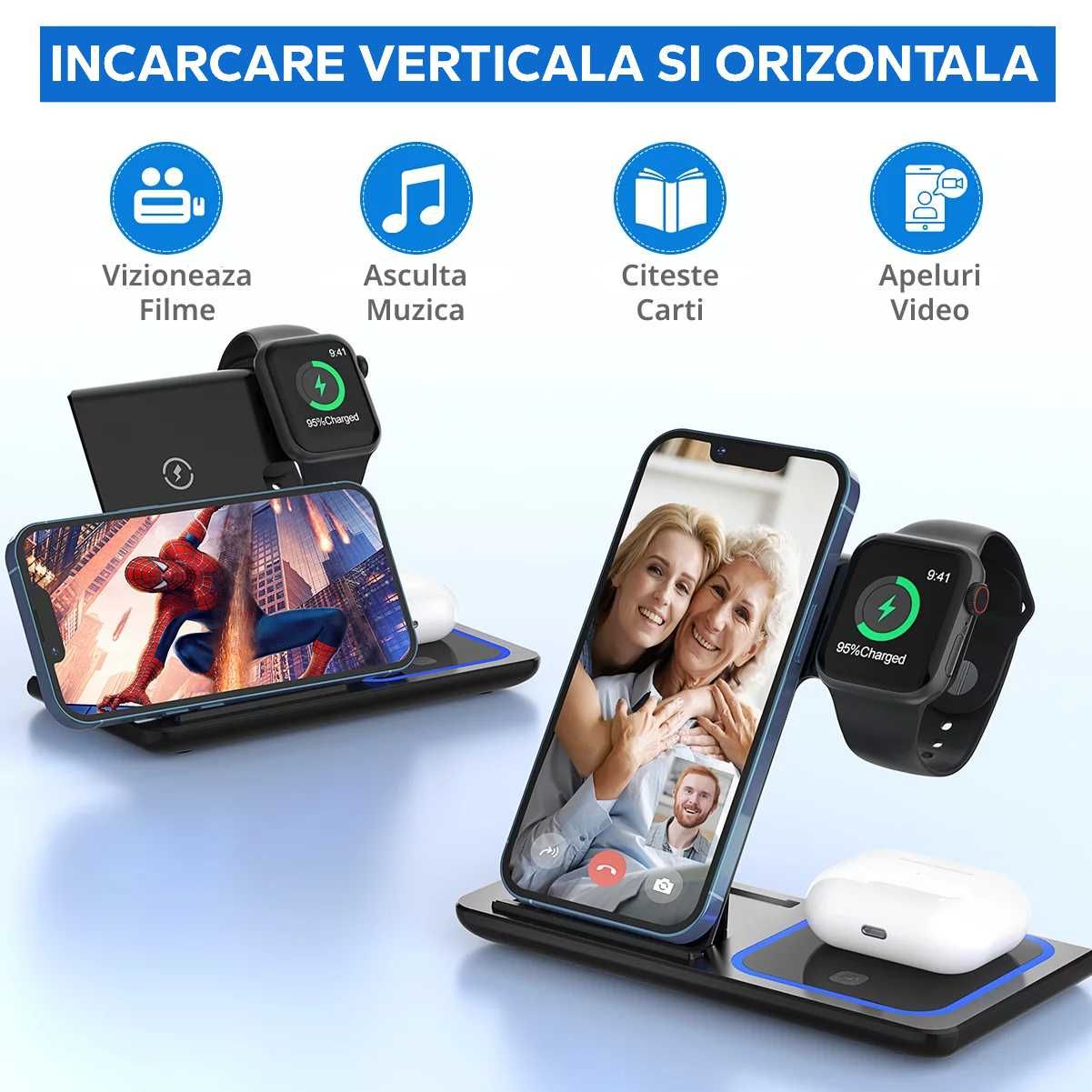 Incarcator Wireless VALAQI®,Statie Incarcare 3in1 Qi, Fast Charger 15W
