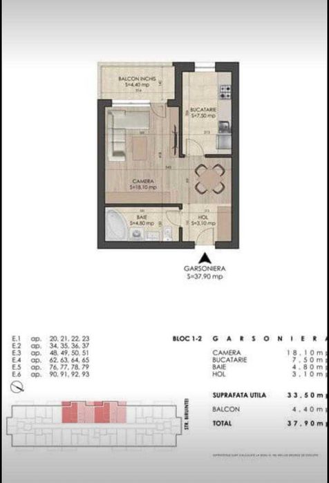 Garsonieră decomandată de închiriat – 38 mp – loc de parcare inclus