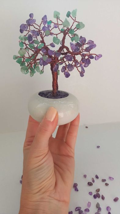 Copac din Cristale de Ametist si Citrin in vas de Ceramica, 14cm
