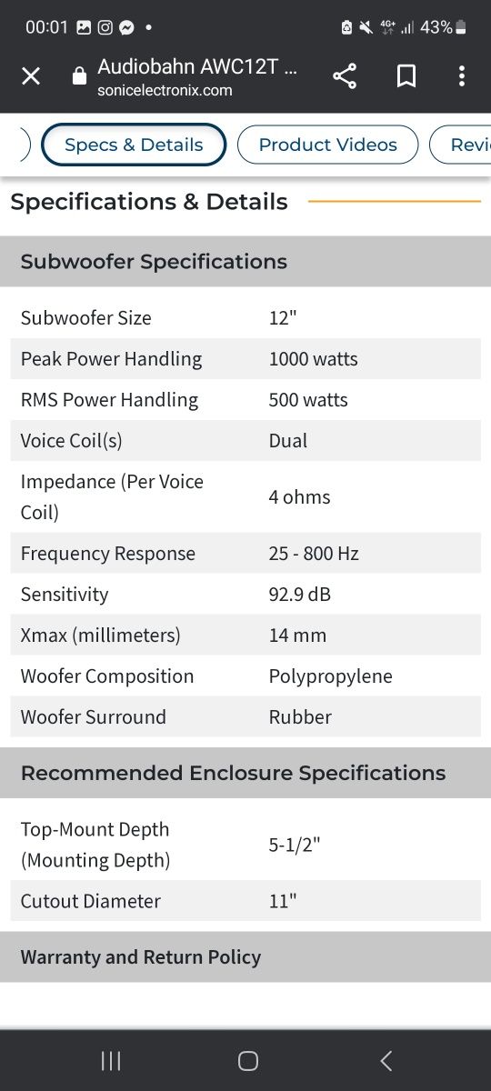 Subwoofer Audiobahn AWC12T 500w rms