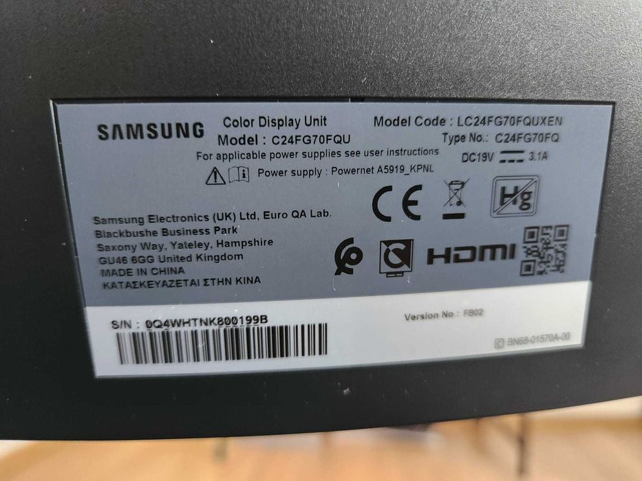 Monitor de gaming Samsung C24FG70FQU, full HD, 144 Hz, FreeSync