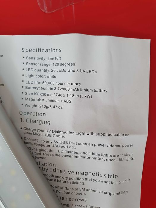 Lampa dezinfectare cu UV-C, cu senzor de miscare, cu acumulator Li-ion