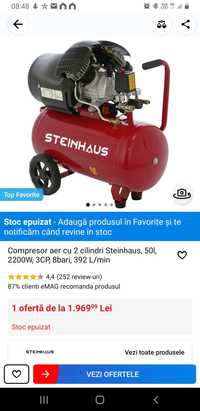 Compresor aer cu 2 cilindri Steinhaus, 50l, 8bari, 392 L/min