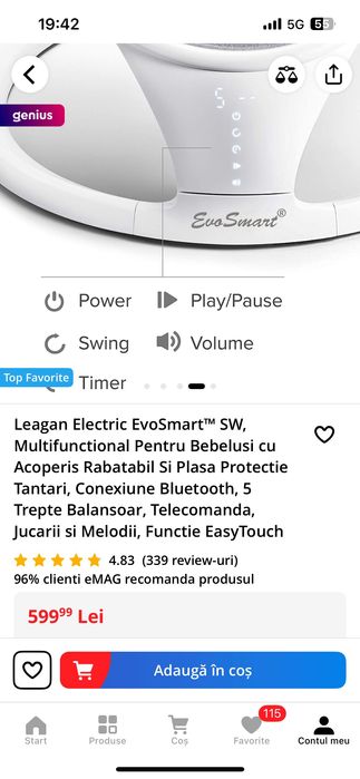 Leagan Electric Multifunctional Pentru Bebelusi cu Acoperis, Rabatabil