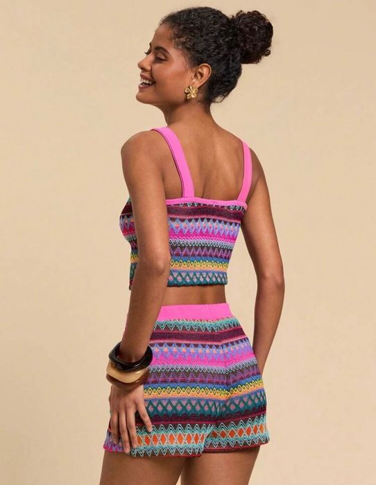 Летен бохо комплект къси панталонки памучни къс топ шарени розово