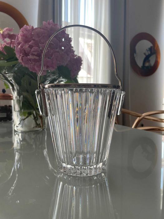 Ice Bucket, frapiera gheata din cristal prinderi argintate Mid Century