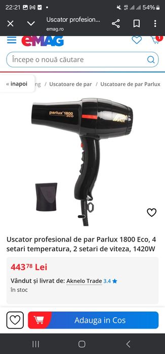 Uscator profesional de par Parlux 1800 Eco, 4 setari temperatura, 2 se