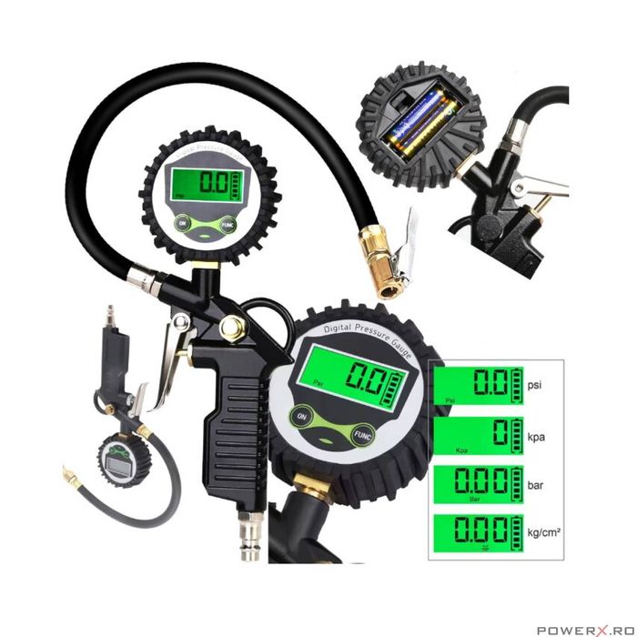 Pistol digital pentru umflat roti, manometru, reglare precisa a
