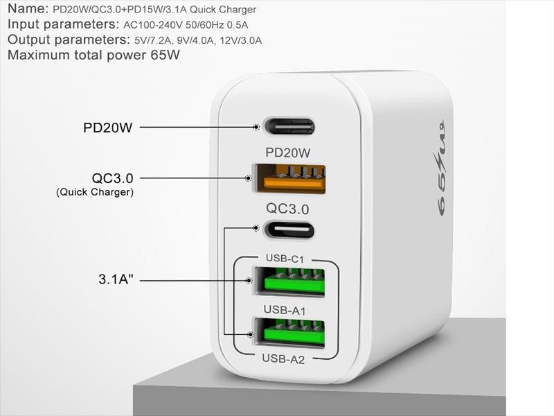 Адаптер – Ултра бързо 65W USB-C + USB-A зарядно