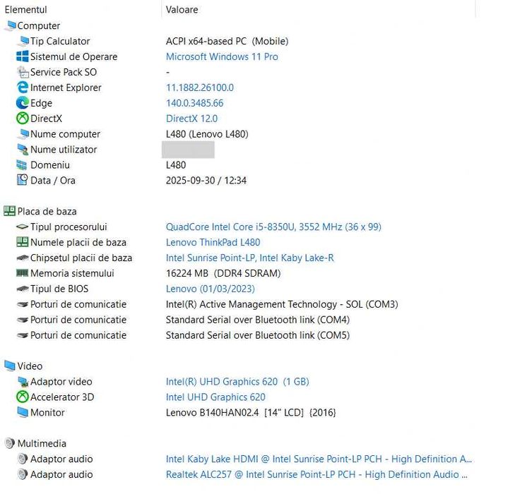 Laptop Lenovo ThinkPad L480, Intel Core i5-8350U, 16GB DDR4, 512GB SSD