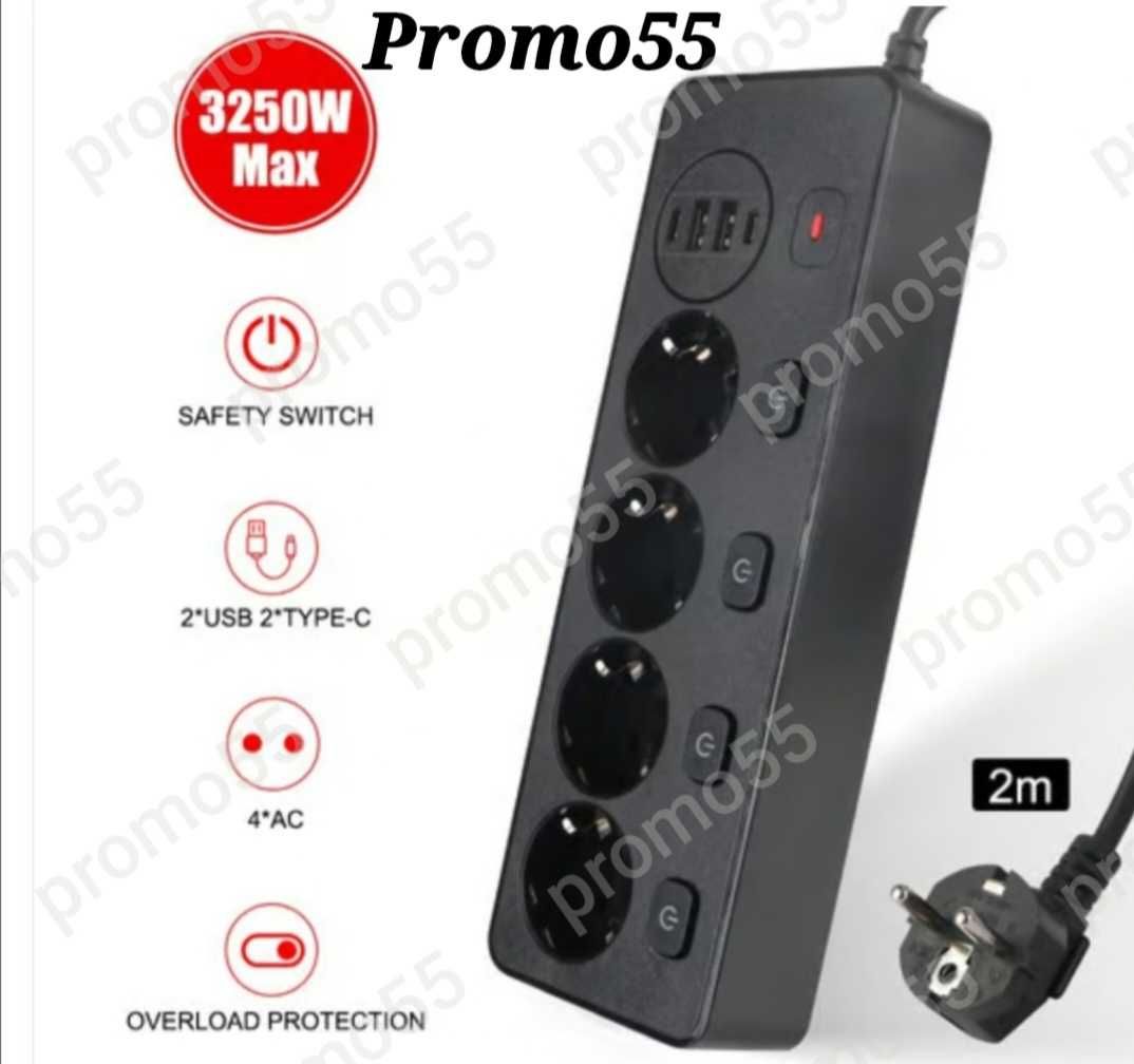 ПРОМО! Универсален Разклонител USB 2бр,Type-c 2бр, EU-4бр с Ключ 3250W