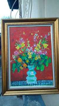 Gheorghe Zidaru (1923-1993),"Vas cu flori"ulei/pfl,tablou eval.Goldart