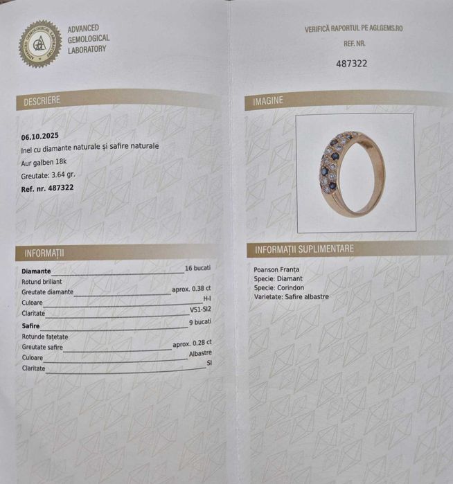 Inel Din Aur De 18 Karate,cu Diamante Naturale Si Safire,cu Certificat